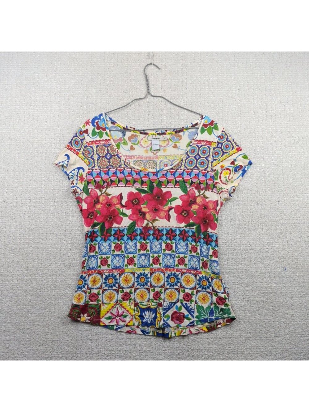 Y2K Desigual Monique Mediterranean Mosaic Floral Boho Folk Cap Sleeve Top Sz XL